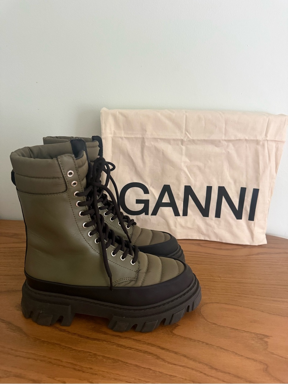 Ganni green lace moto combat boots 38 7.5